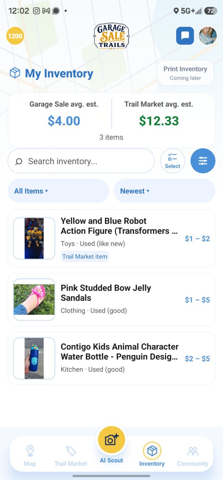 GarageSaleTrails inventory organization screen