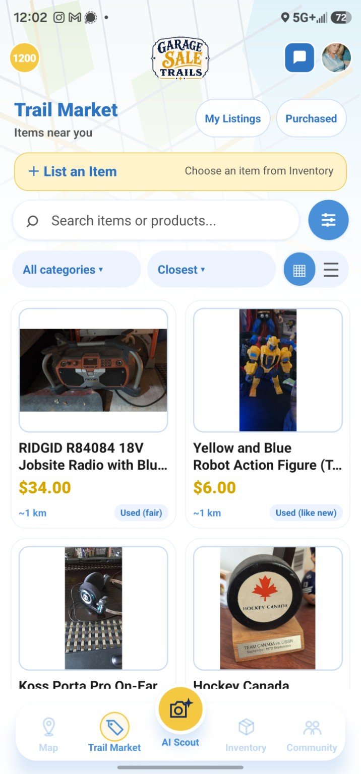 GarageSaleTrails Trail Market listing screen